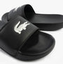 Lacoste SERVE SLIDE 0.0 Mens Slides Black/White side view showing EVA upper and iconic logo.