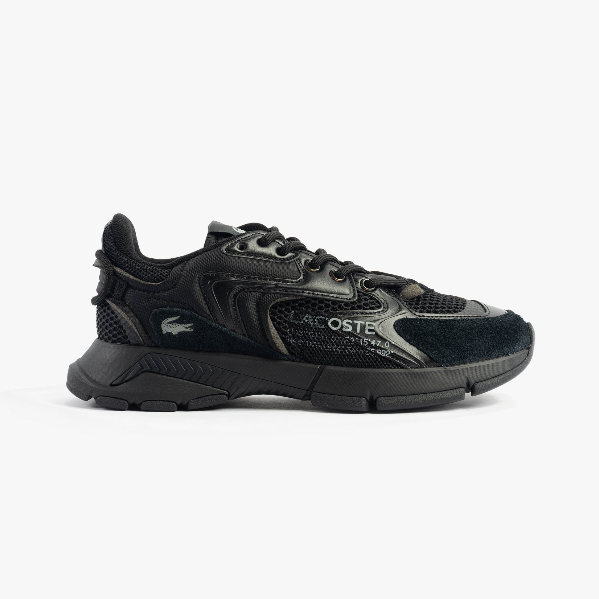 Lacoste L003 NEO Mens Trainers Black side view showcasing leather and textile materials.
