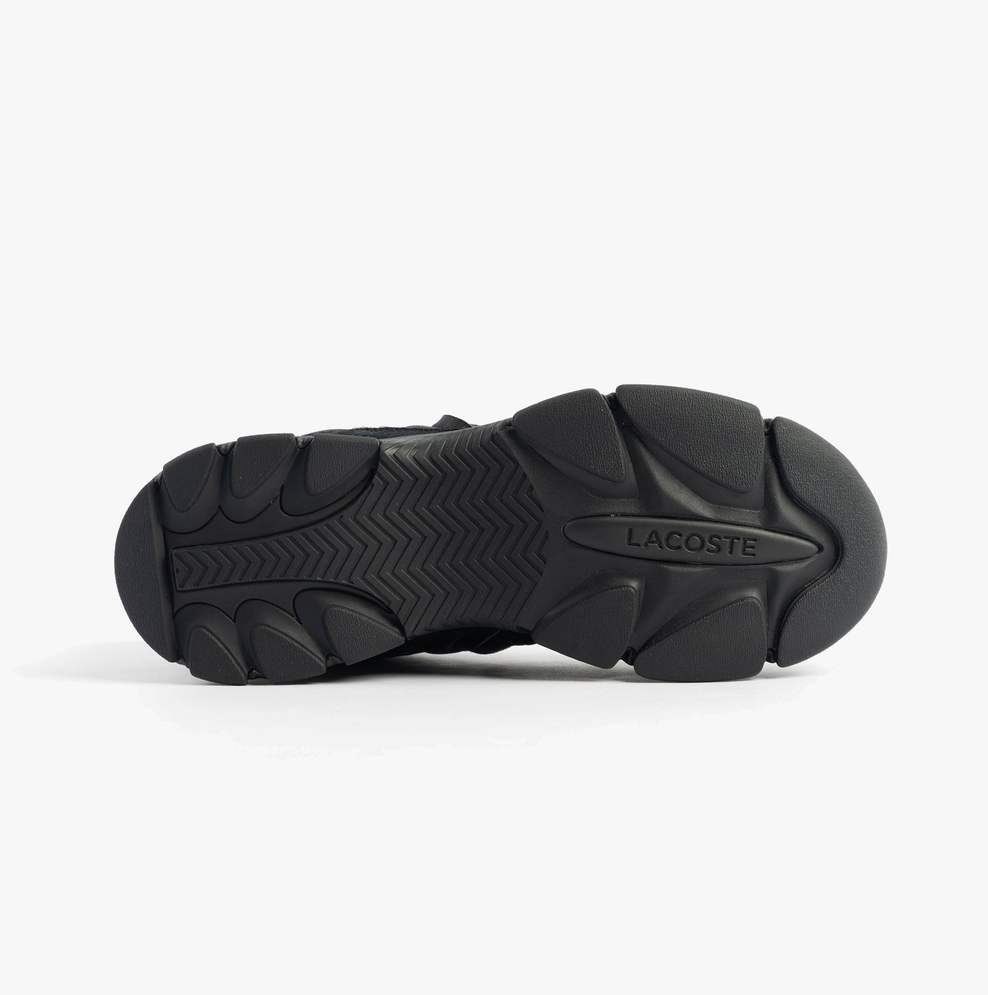 Lacoste L003 NEO Mens Trainers Black bottom view showing sole details and traction design.