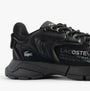Lacoste L003 NEO Mens Trainers Black side view showing leather upper and lace-up closure.