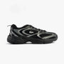 Lacoste STORM 96 2K Mens Trainers Black side view showing sleek design and mesh detailing.