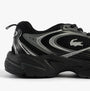 Lacoste STORM 96 2K Mens Trainers Black side view with mesh and leather upper and sleek design.