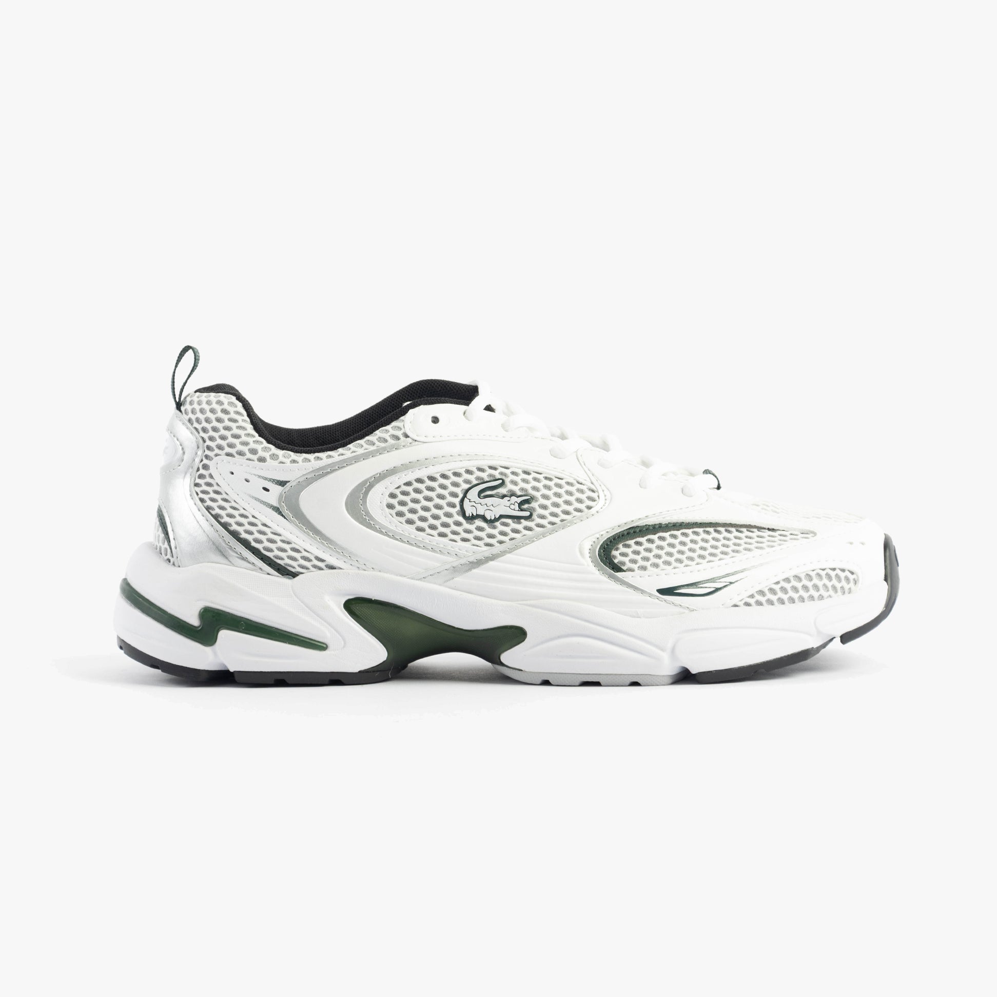 Lacoste STORM 96 2K Mens Trainers White/Dark Green side view showcasing leather and polyester upper.