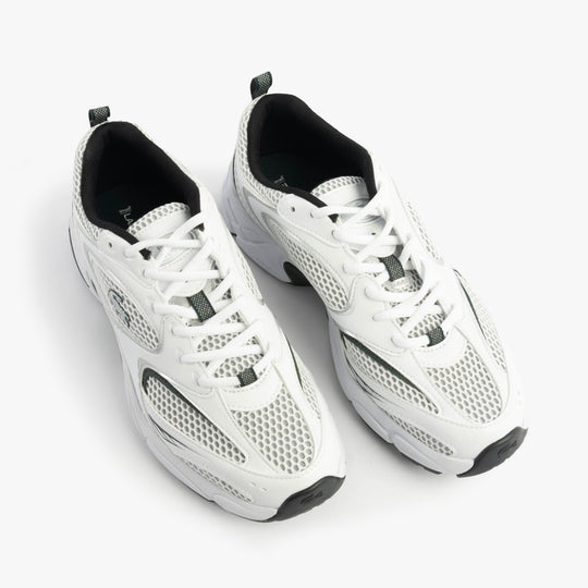 Lacoste STORM 96 2K Mens Trainers White/Dark Green top view, featuring breathable mesh and lace-up closure.