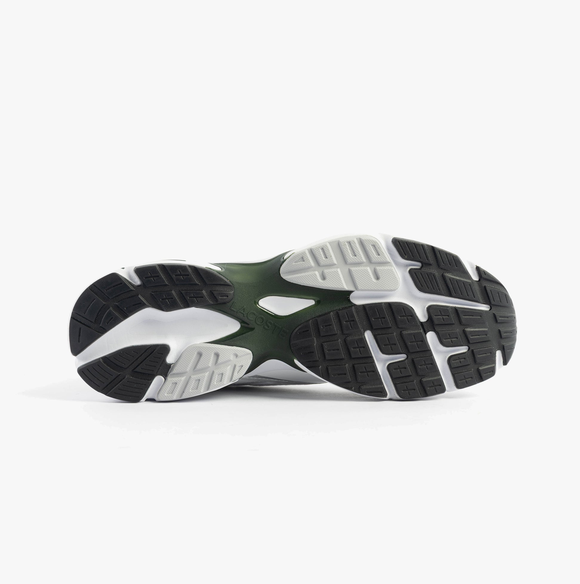 Lacoste STORM 96 2K Mens Trainers White/Dark Green bottom view with multi-patterned sole design.