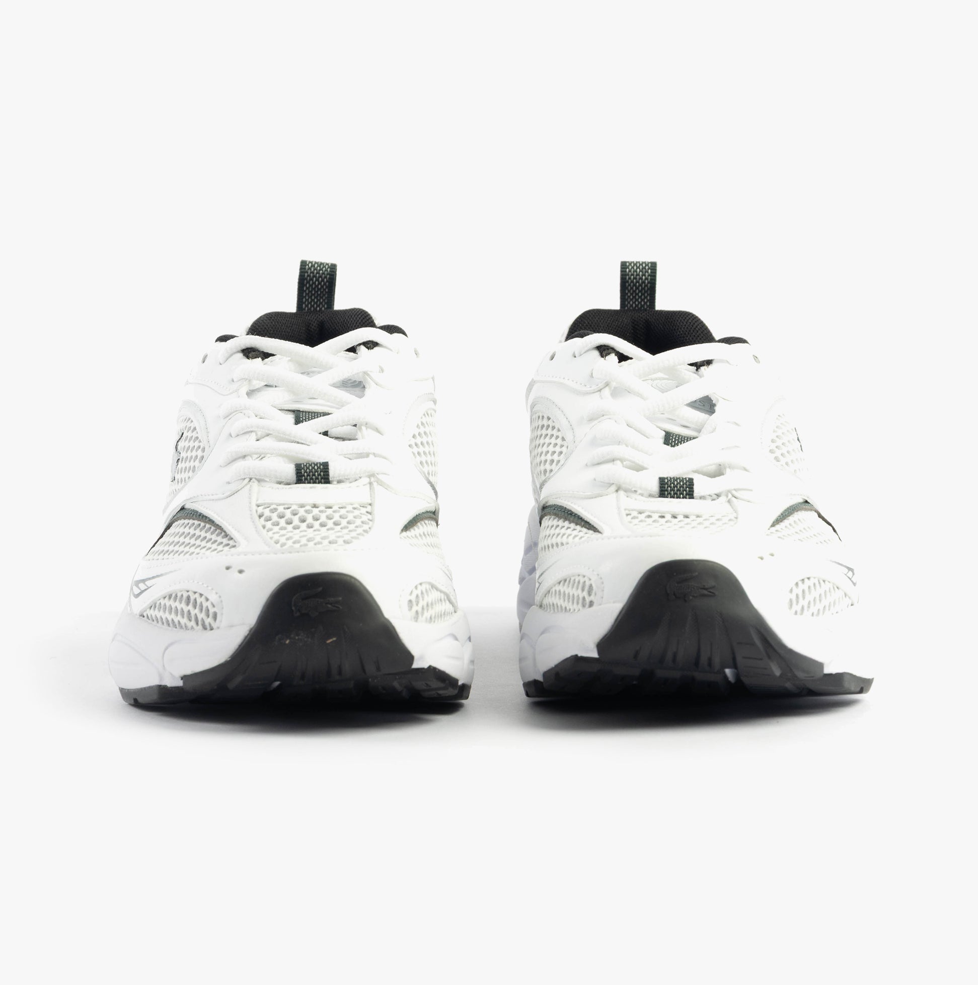 Lacoste STORM 96 2K Mens Trainers White/Dark Green front view showing lace-up design and round toe.