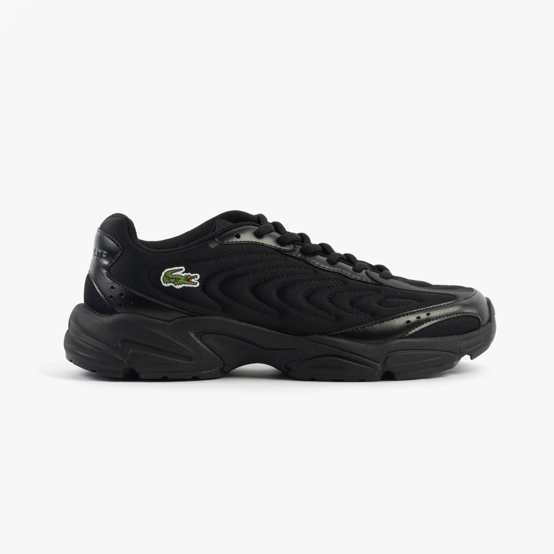 Lacoste STORM 96 2K LITE Mens Trainers Black side view featuring leather and polyester materials.