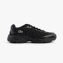 Lacoste STORM 96 2K LITE Mens Trainers Black side view featuring leather and polyester materials.
