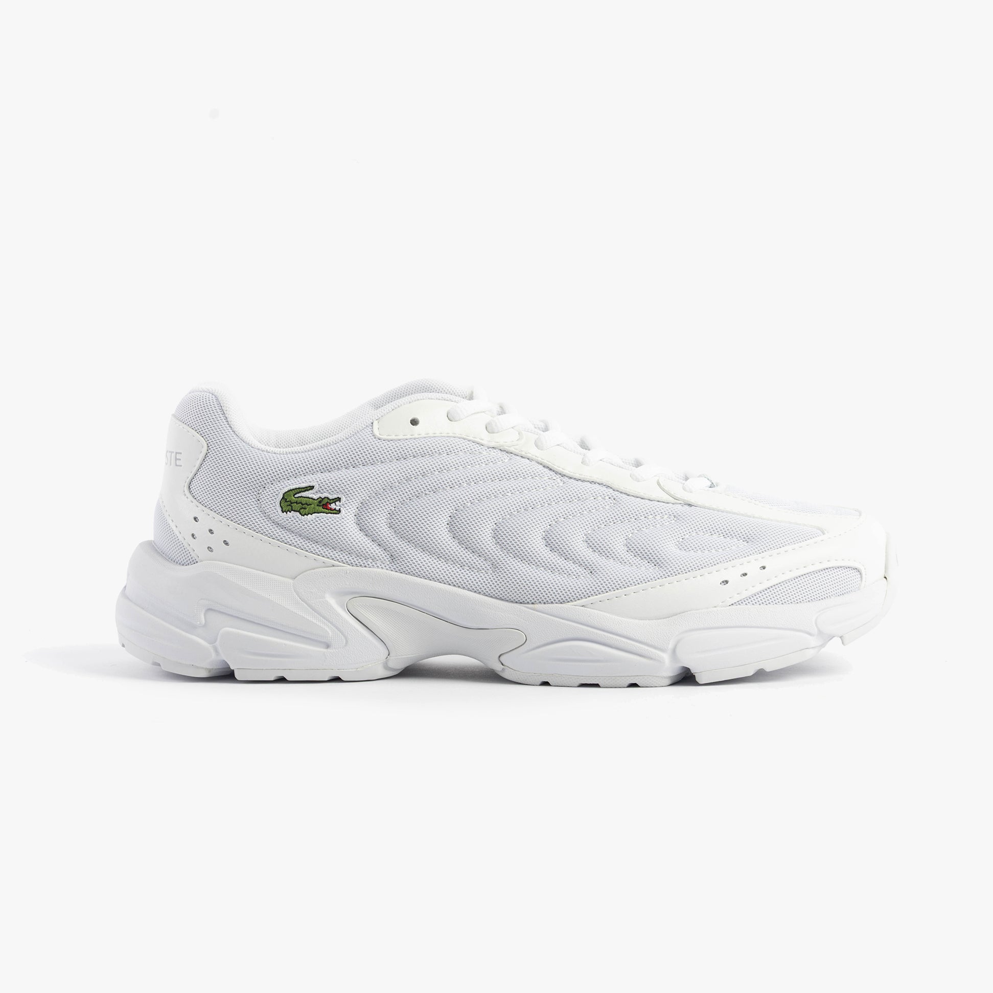 Lacoste STORM 96 2K LITE Mens Trainers White side view showing casual style and leather/polyester upper.