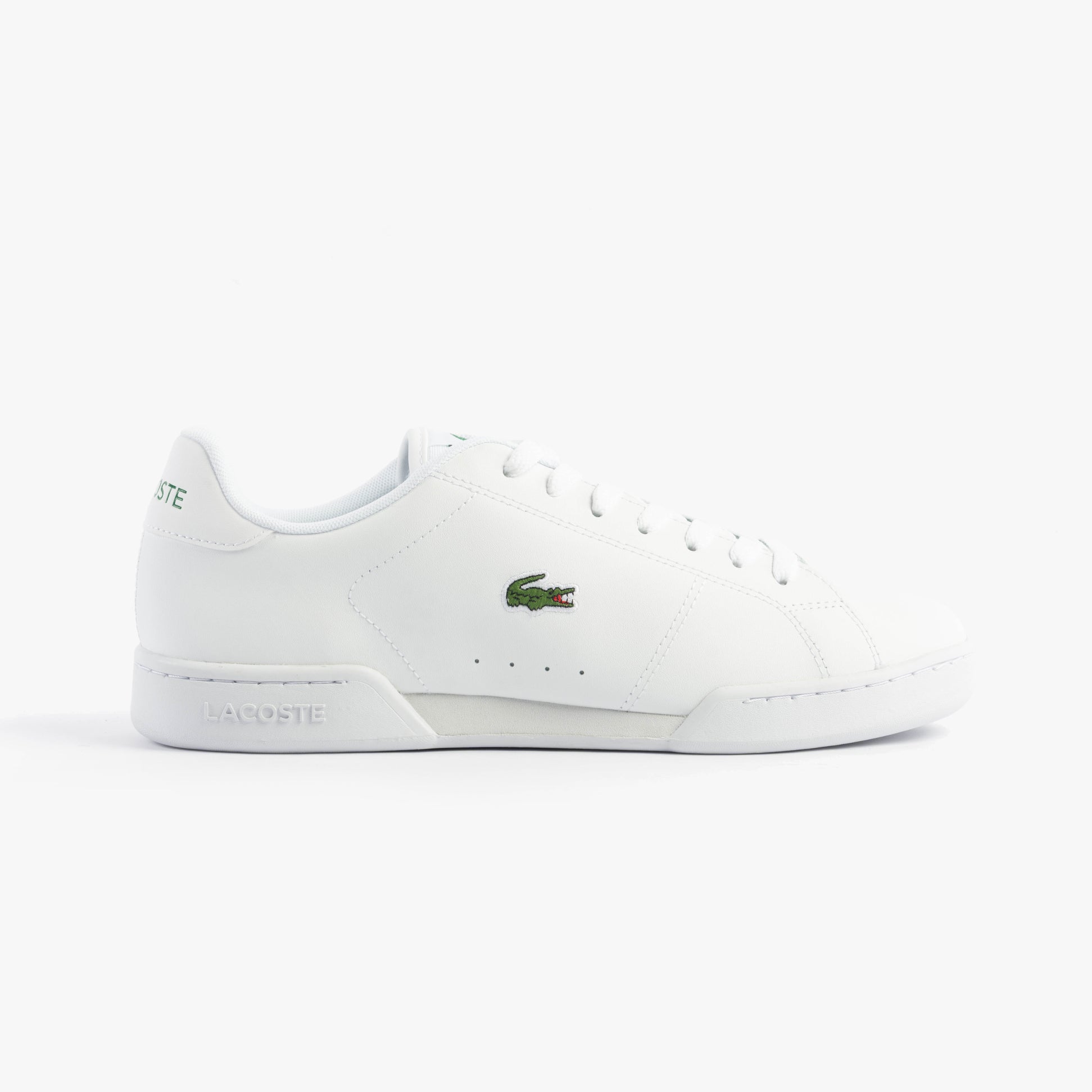 Lacoste CARNABY CUP Mens Trainers White side view showcasing leather upper and lace-up closure.