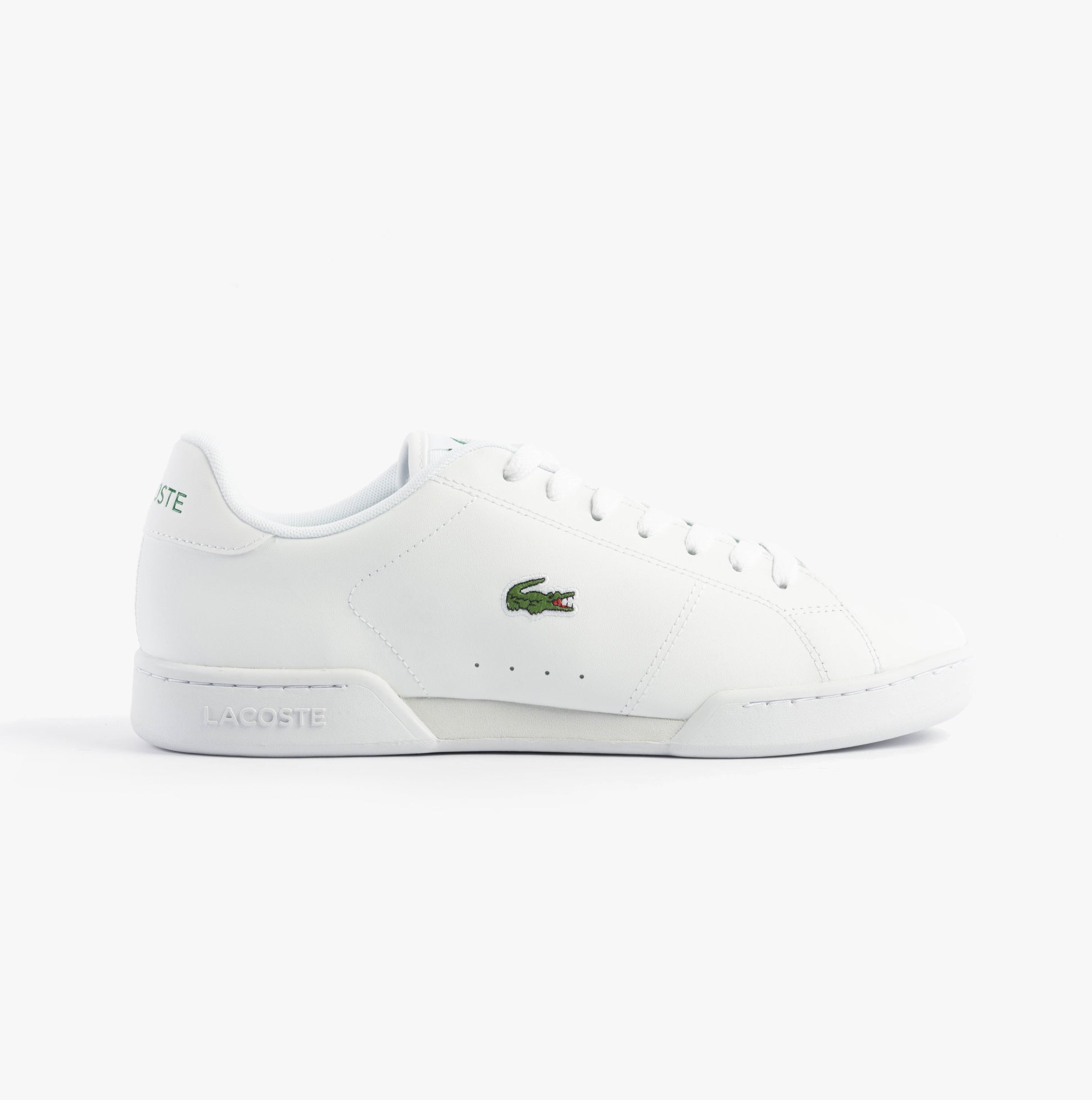 Lacoste CARNABY CUP Mens Trainers White side view showcasing leather upper and lace-up closure.