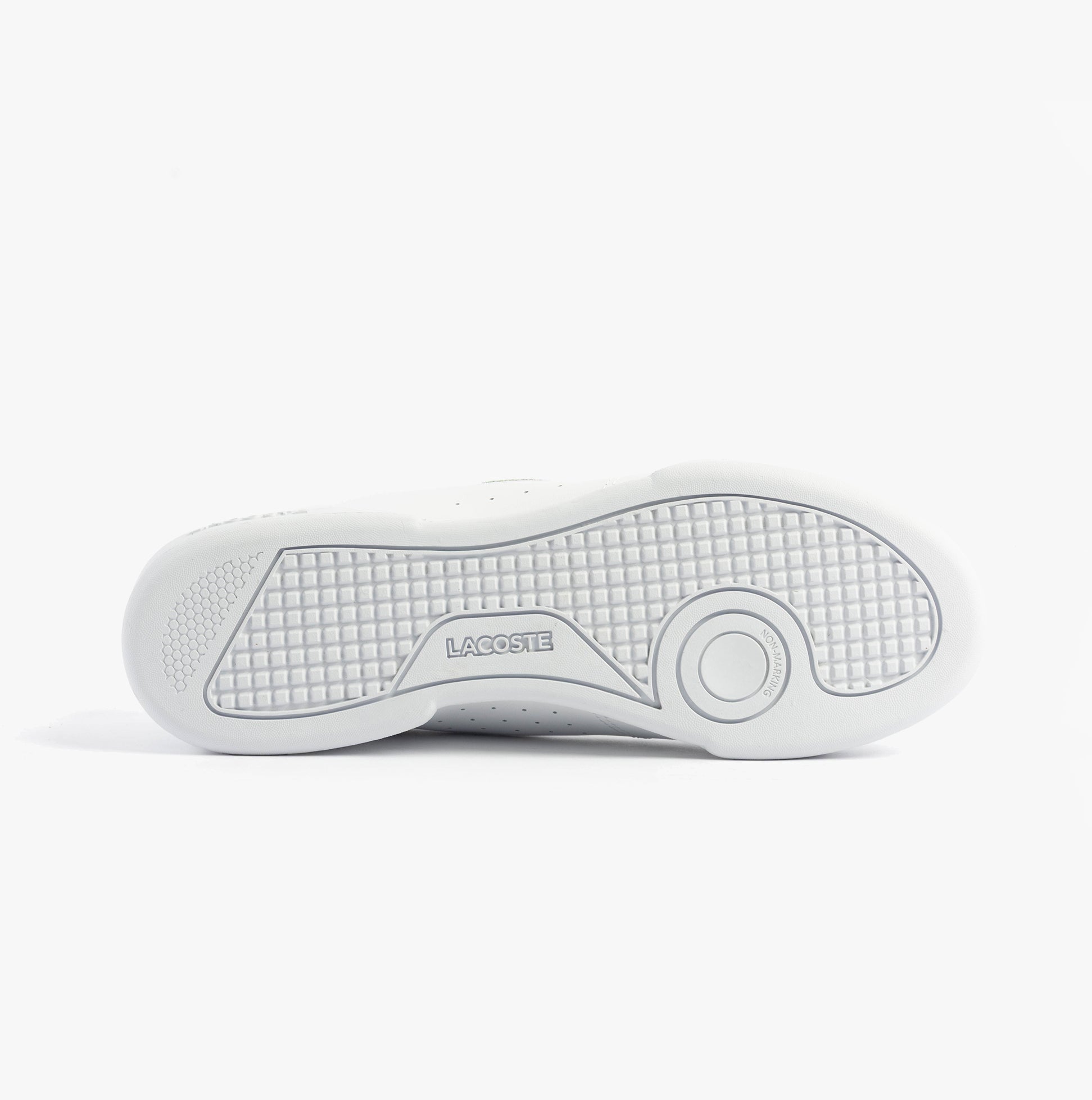 Lacoste CARNABY CUP Mens Trainers White bottom view showcasing rubber sole with traction and logo.