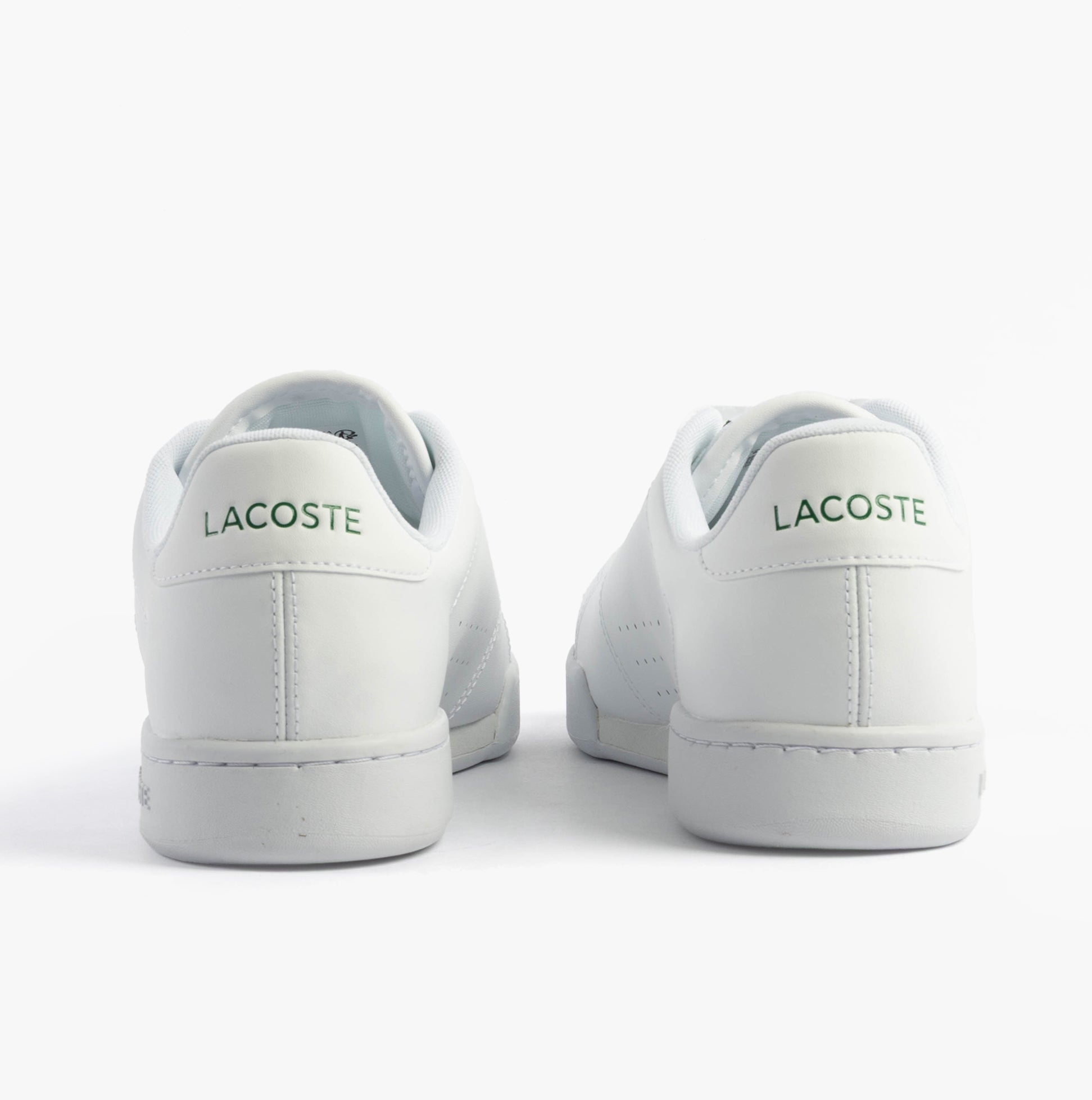 Lacoste CARNABY CUP Mens Trainers White rear view showing white leather design and green logo.