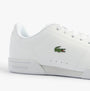 Lacoste CARNABY CUP Mens Trainers White side view showcasing leather upper and iconic logo detail.