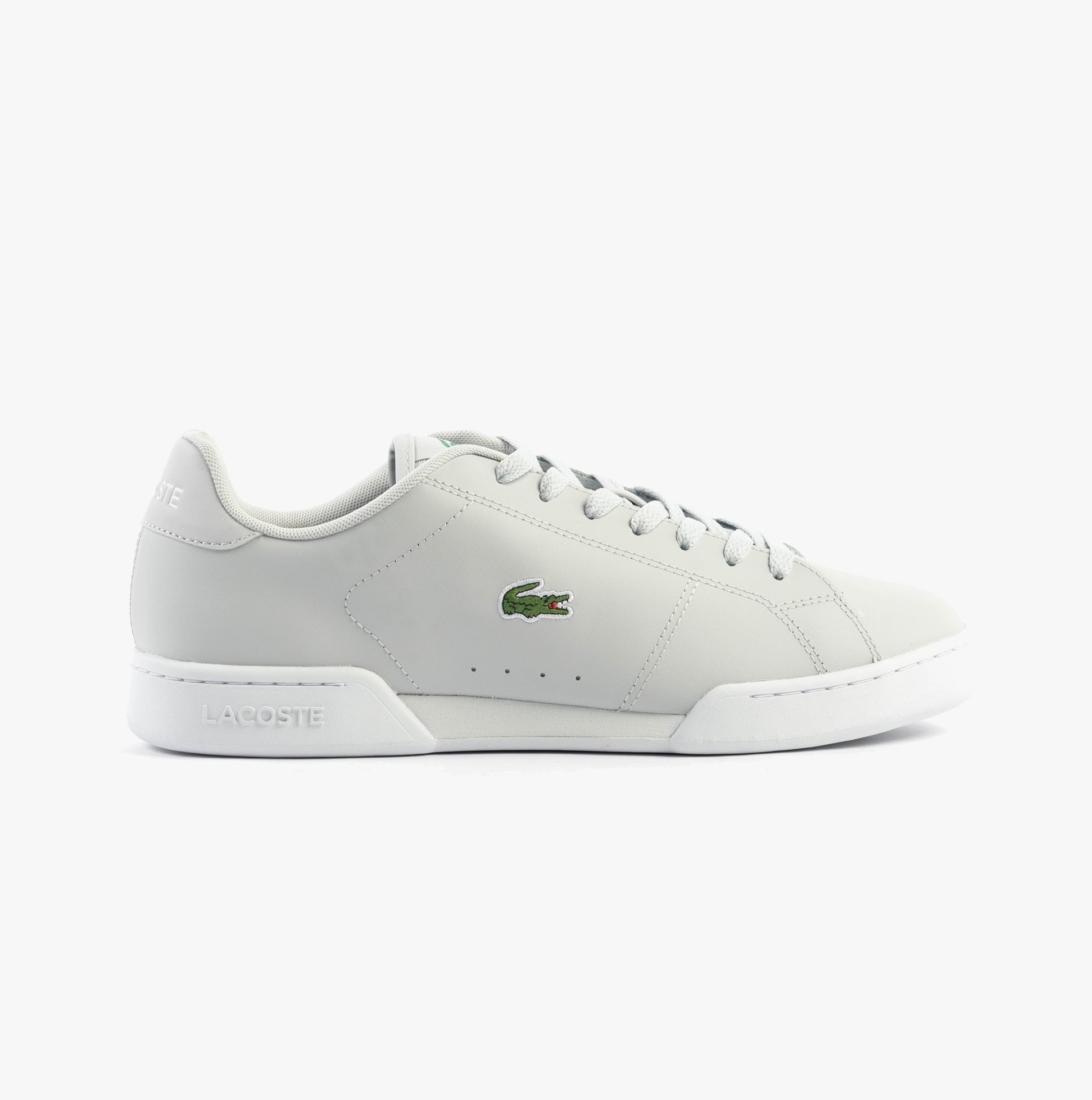 Lacoste CARNABY CUP Mens Trainers Light Grey/White side view with logo and lace-up detail