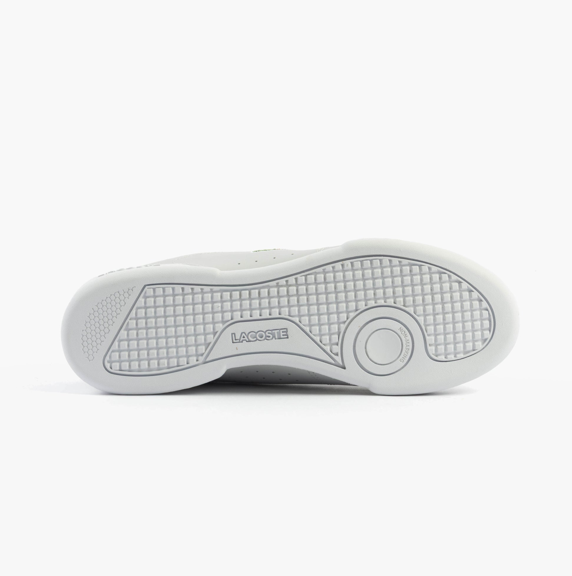 Lacoste CARNABY CUP Mens Trainers Light Grey/White sole view with textured rubber and Lacoste branding