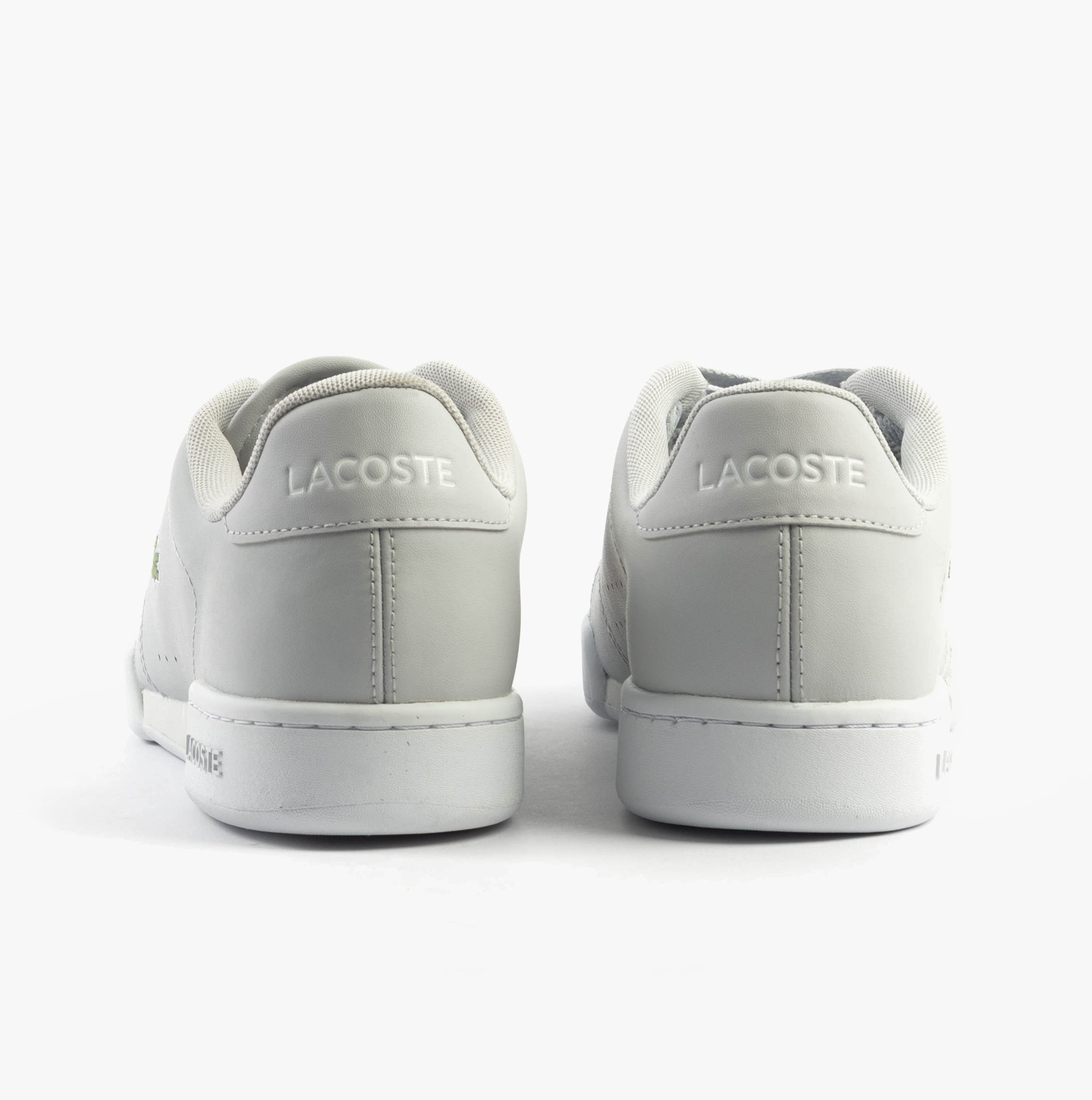 Lacoste CARNABY CUP Mens Trainers Light Grey/White rear view showcasing smooth leather design and branding.