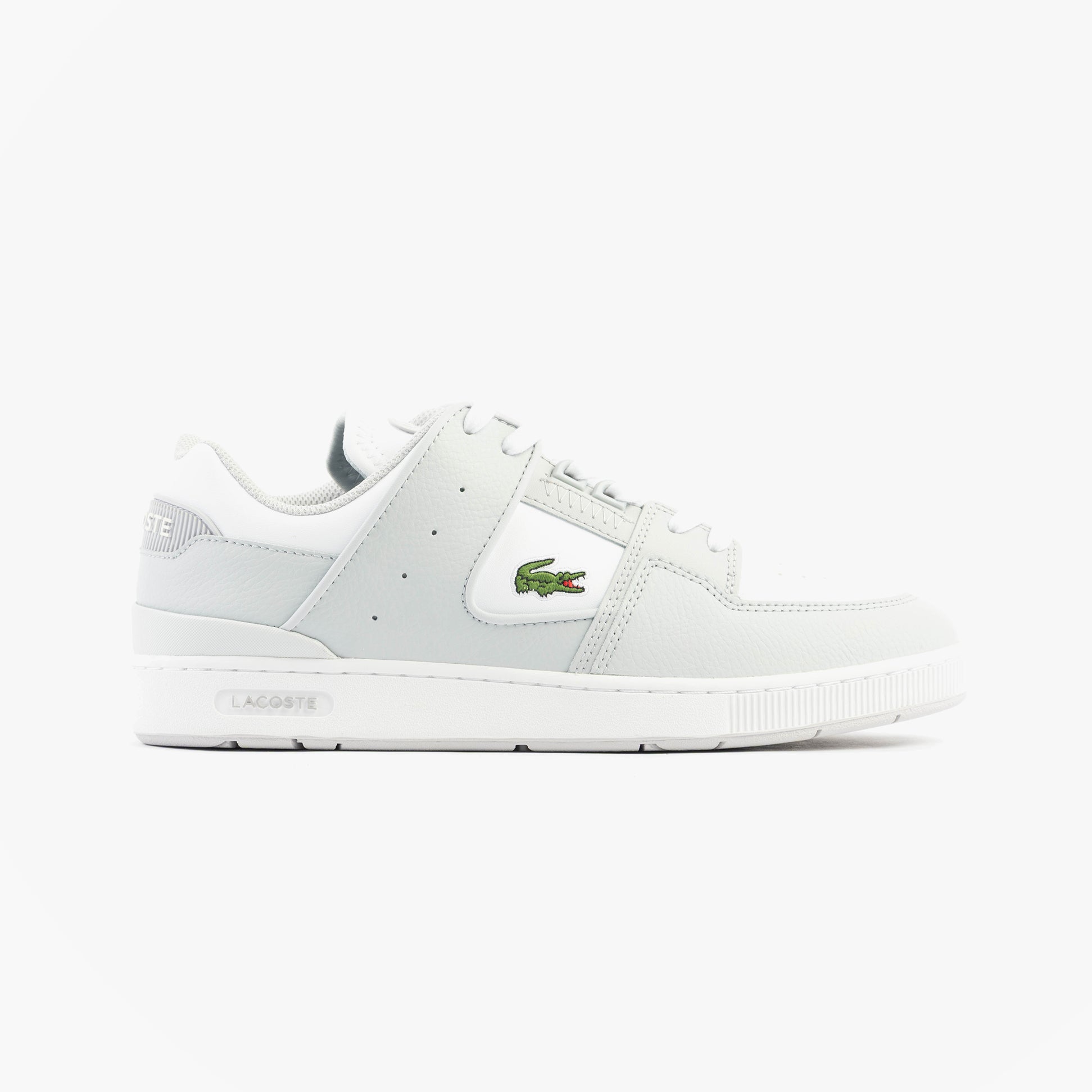 Lacoste COURT CAGE Mens Trainers Light Grey/White side view, leather upper, lace-up closure, casual style.