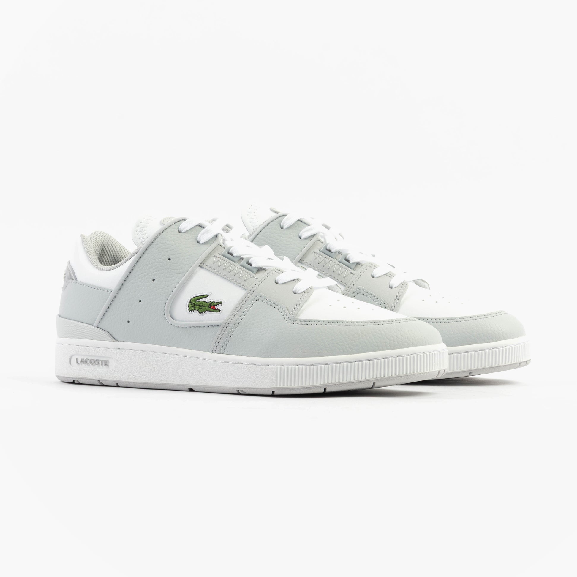 Lacoste COURT CAGE Mens Trainers Light Grey/White side view featuring leather and synthetic upper material.
