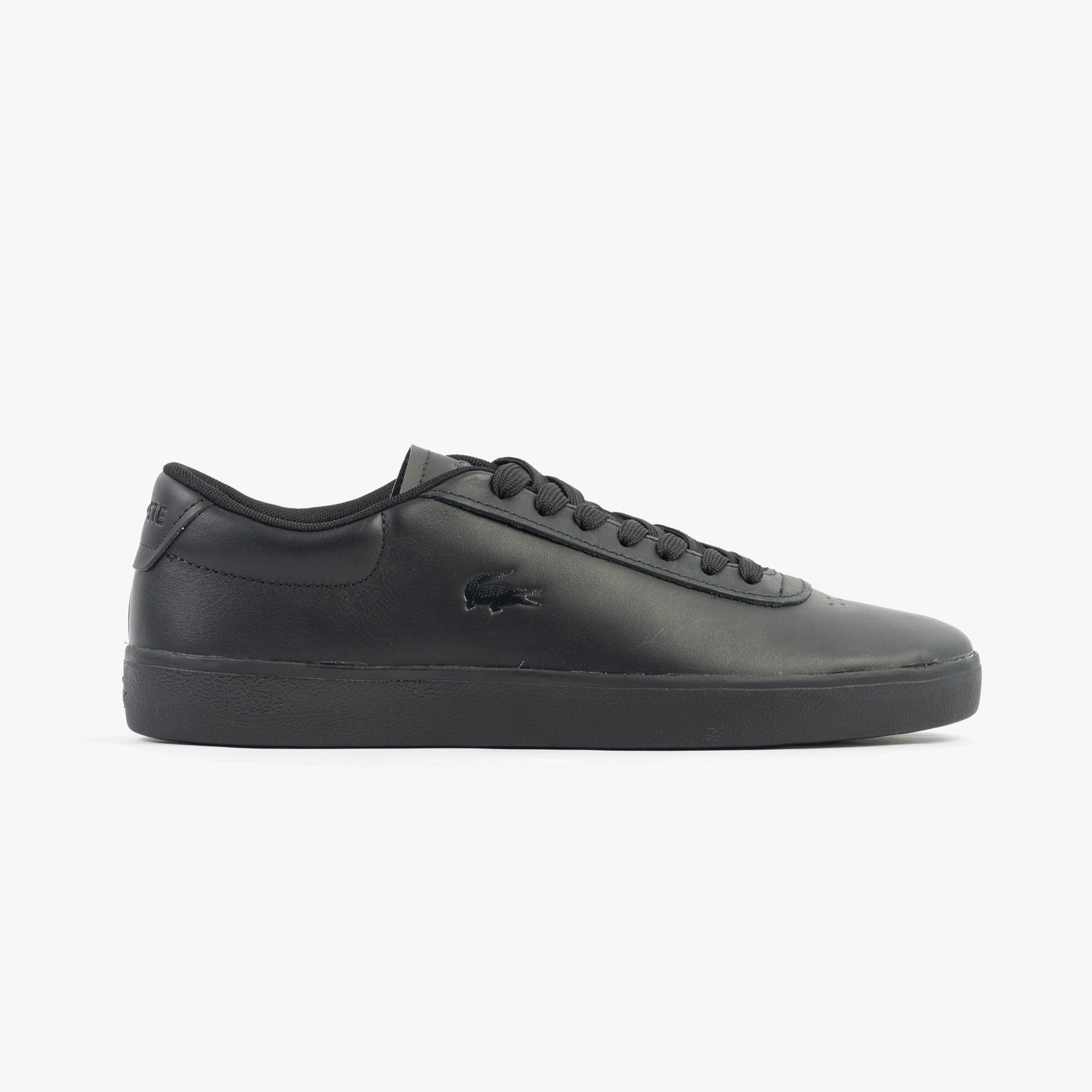 Lacoste BASESHOT EVO Mens Trainers Black side view with suede and leather upper, lace-up closure, and low top design.