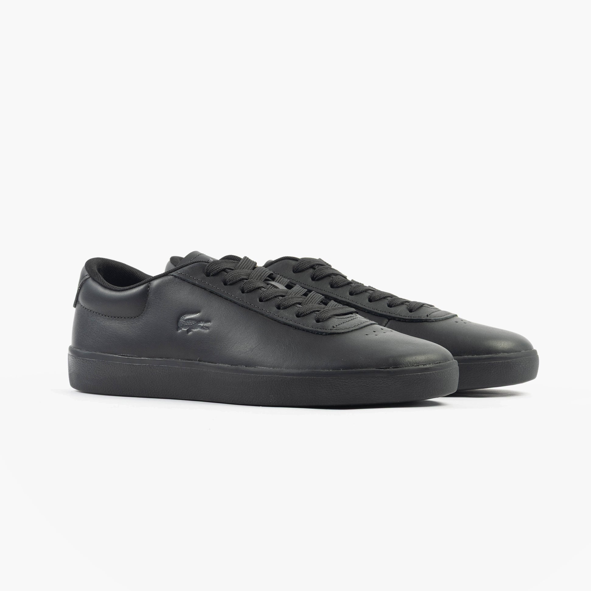 Lacoste BASESHOT EVO Mens Trainers Black side view showcasing black suede and leather upper with lace-up closure.