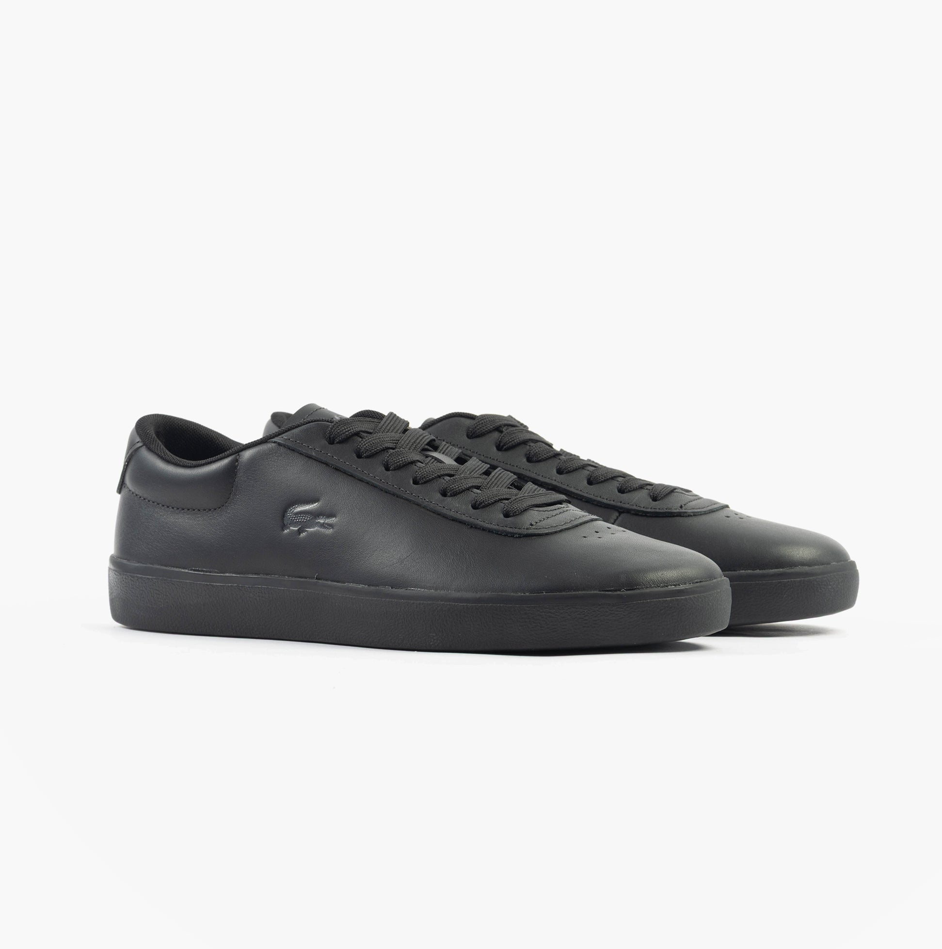 Lacoste BASESHOT EVO Mens Trainers Black side view showcasing black suede and leather upper with lace-up closure.