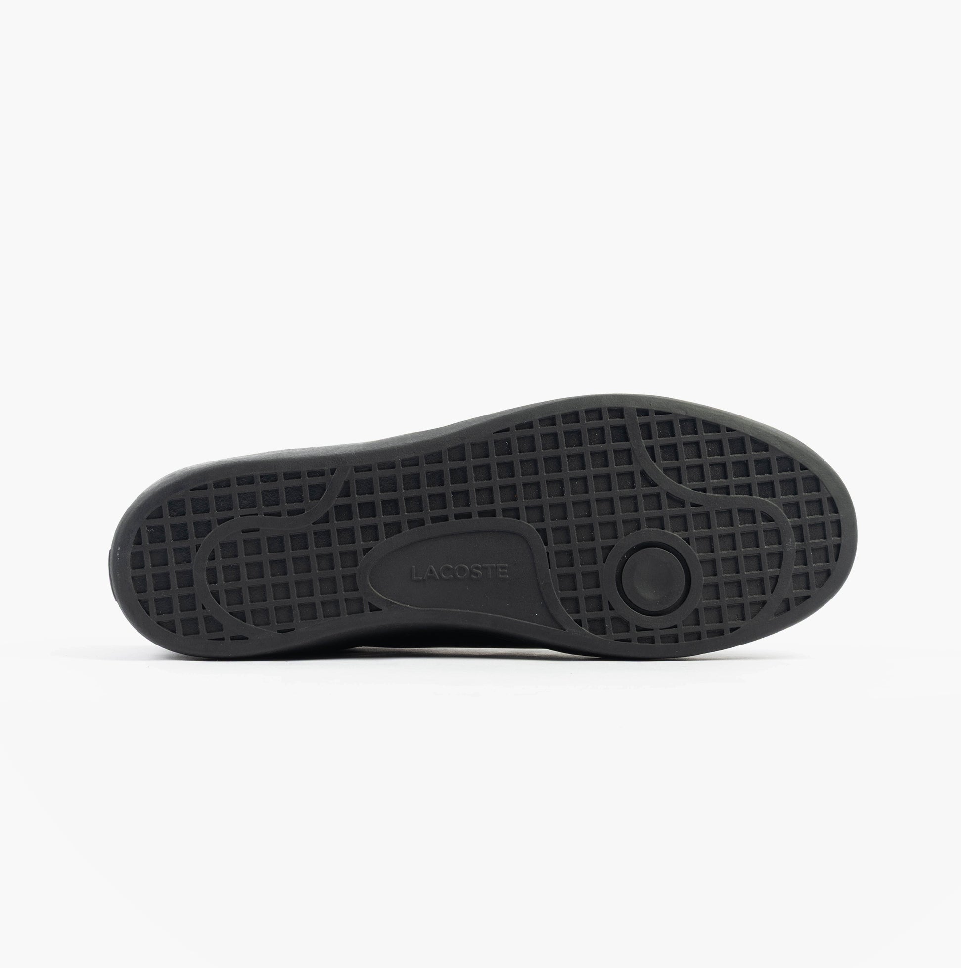 Lacoste BASESHOT EVO Mens Trainers Black bottom view, showing the textured sole and brand logo detail.