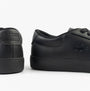 Lacoste BASESHOT EVO Mens Trainers Black rear side view showcasing black suede/leather with lace-up closure.