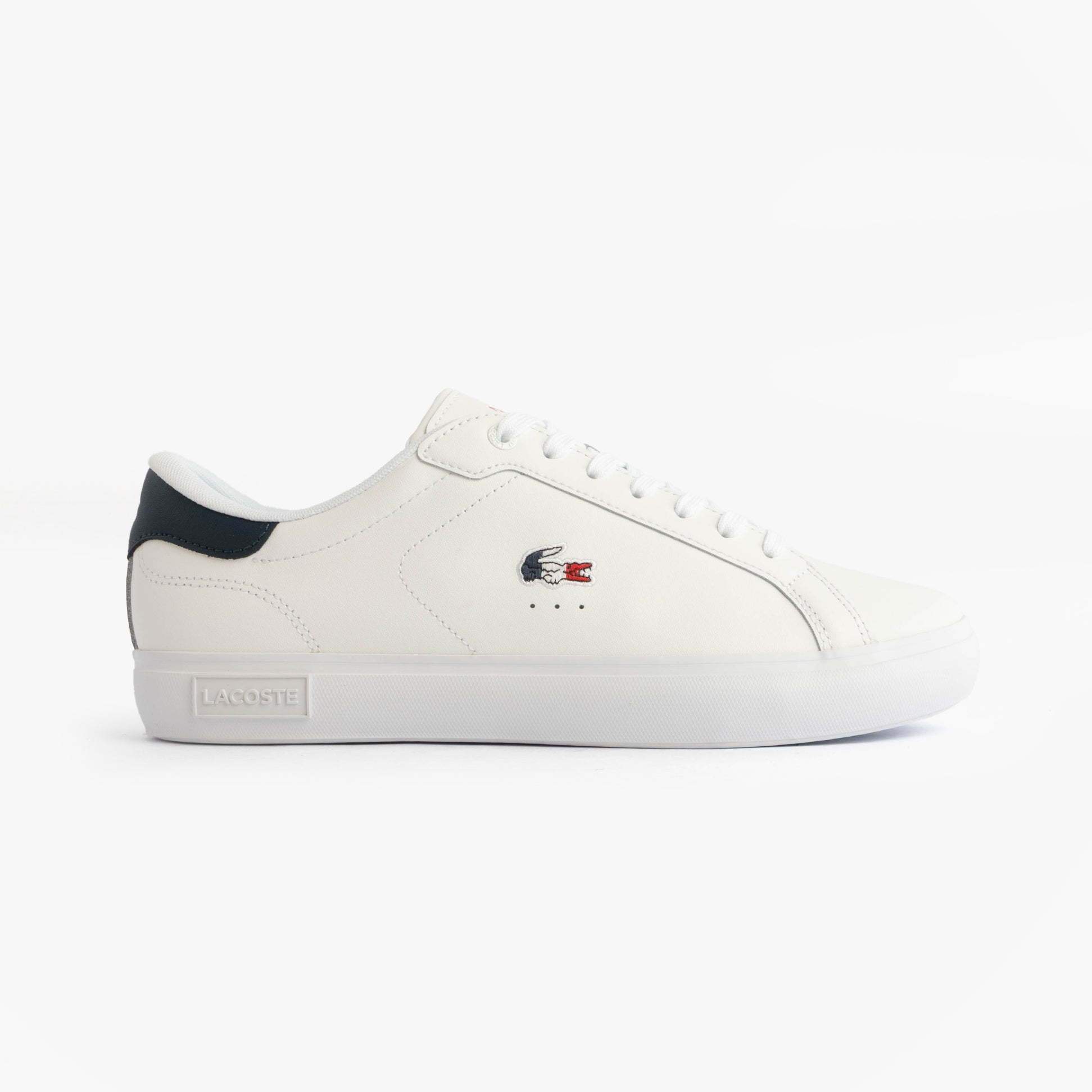 Lacoste POWERCOURT Mens Court Trainers Trainers White/Navy/Red side view with leather upper and rubber sole.