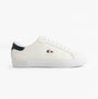 Lacoste POWERCOURT Mens Court Trainers Trainers White/Navy/Red side view with leather upper and rubber sole.