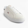 Lacoste POWERCOURT Mens Court Trainers Trainers White/Navy/Red side view showing leather, round toe and lace-up design.