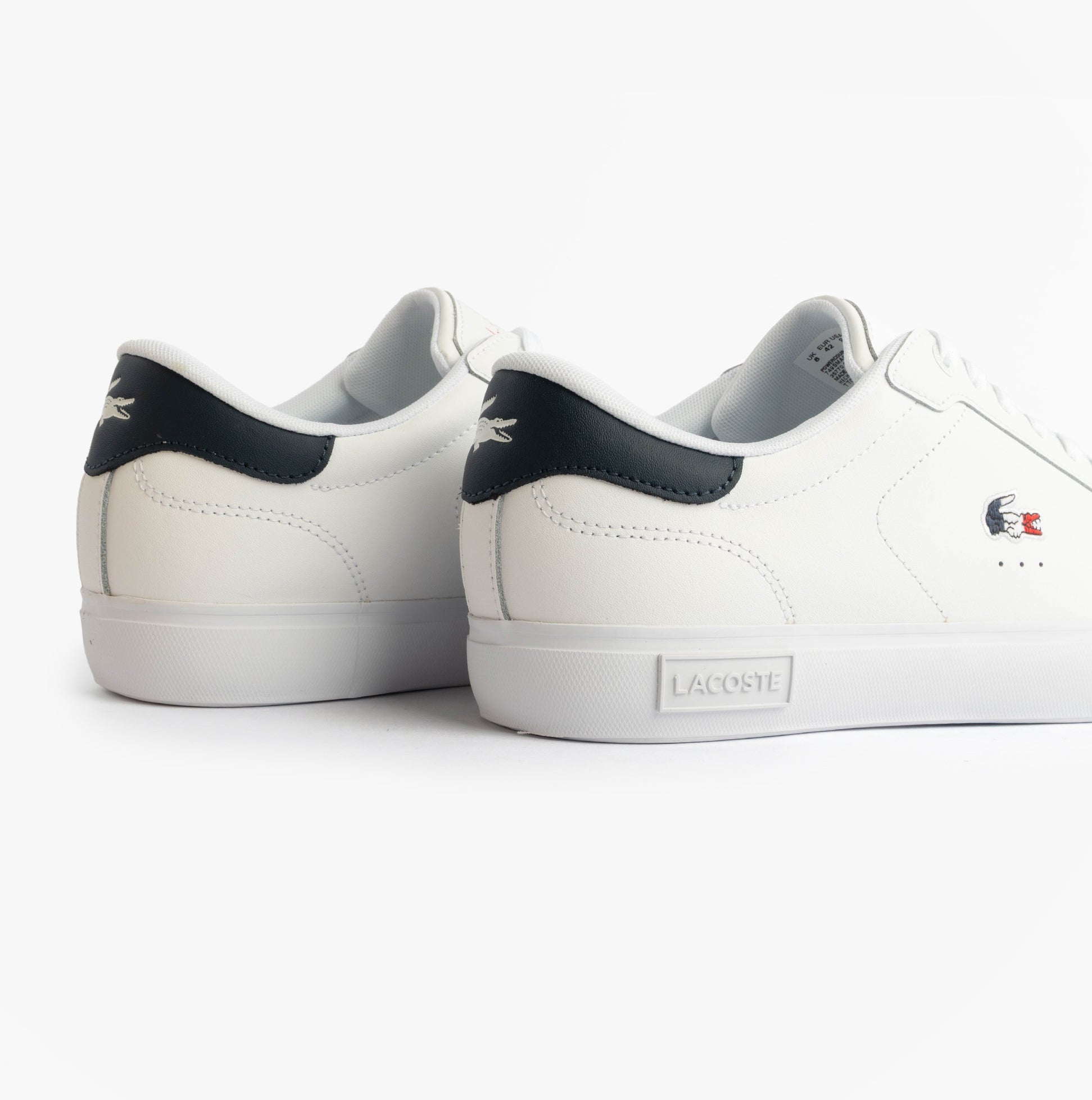 Lacoste POWERCOURT Mens Court Trainers Trainers White/Navy/Red back view highlighting leather upper and rubber sole.