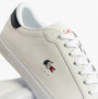 Lacoste POWERCOURT Mens Court Trainers Trainers White/Navy/Red side view displaying leather upper and embroidered logo.