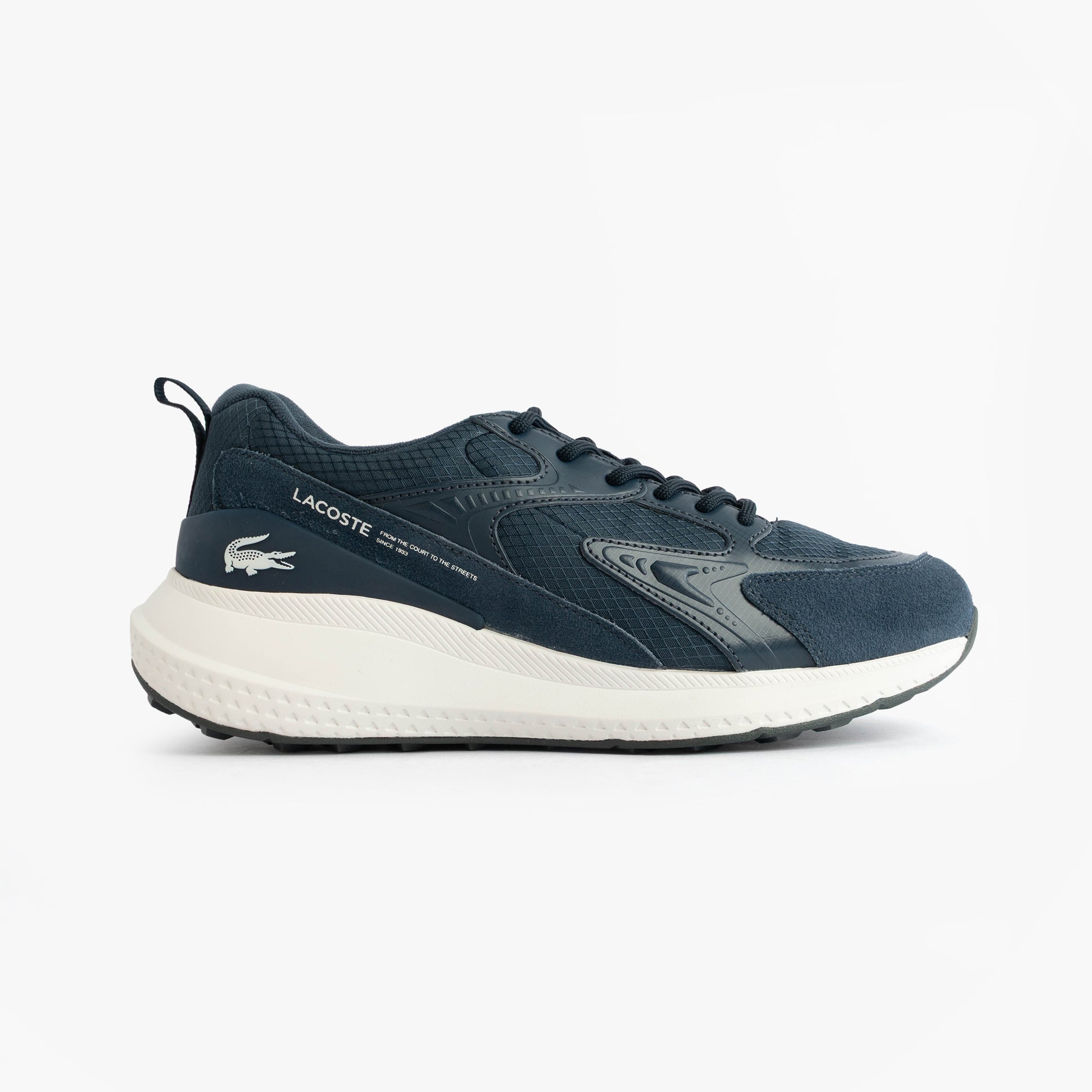 Lacoste L003 EVO Mens Performance Trainers Trainers Navy/White side view with breathable upper and rubber sole.