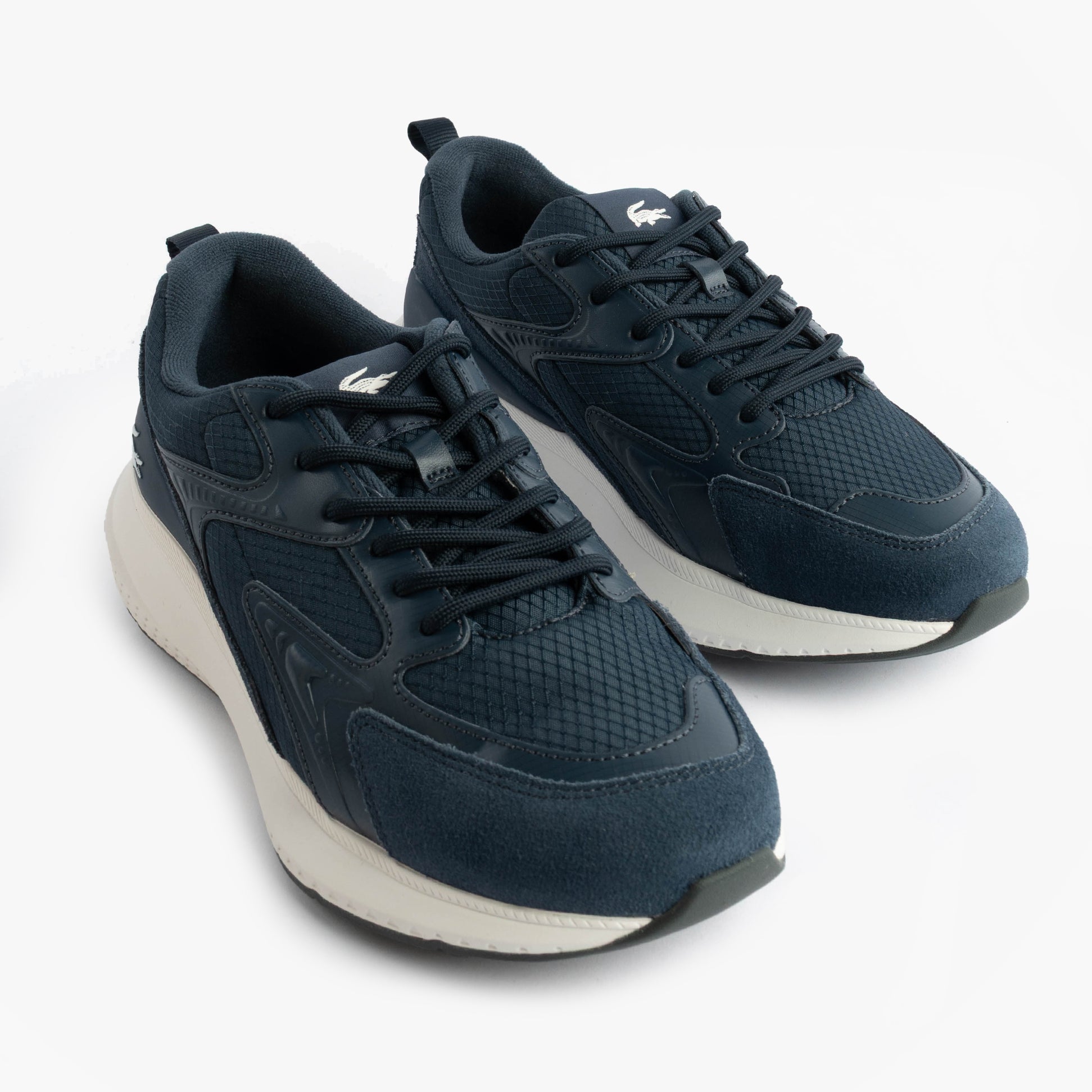 Lacoste L003 EVO Mens Performance Trainers Trainers Navy/White front view showing breathable textile and rubber sole.
