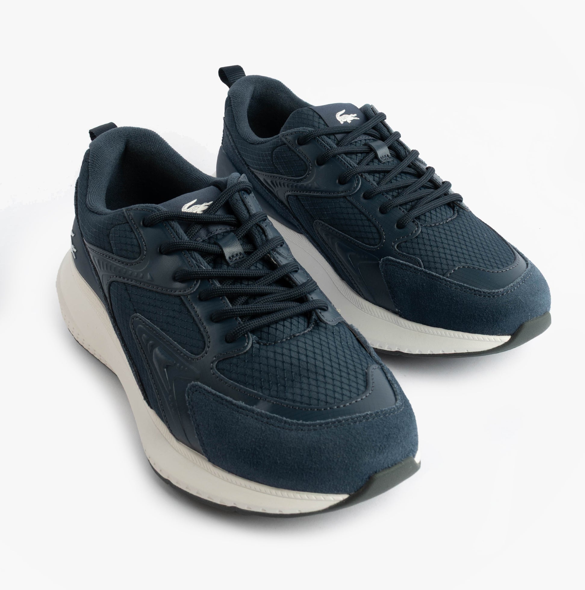 Lacoste L003 EVO Mens Performance Trainers Trainers Navy/White front view showing breathable textile and rubber sole.