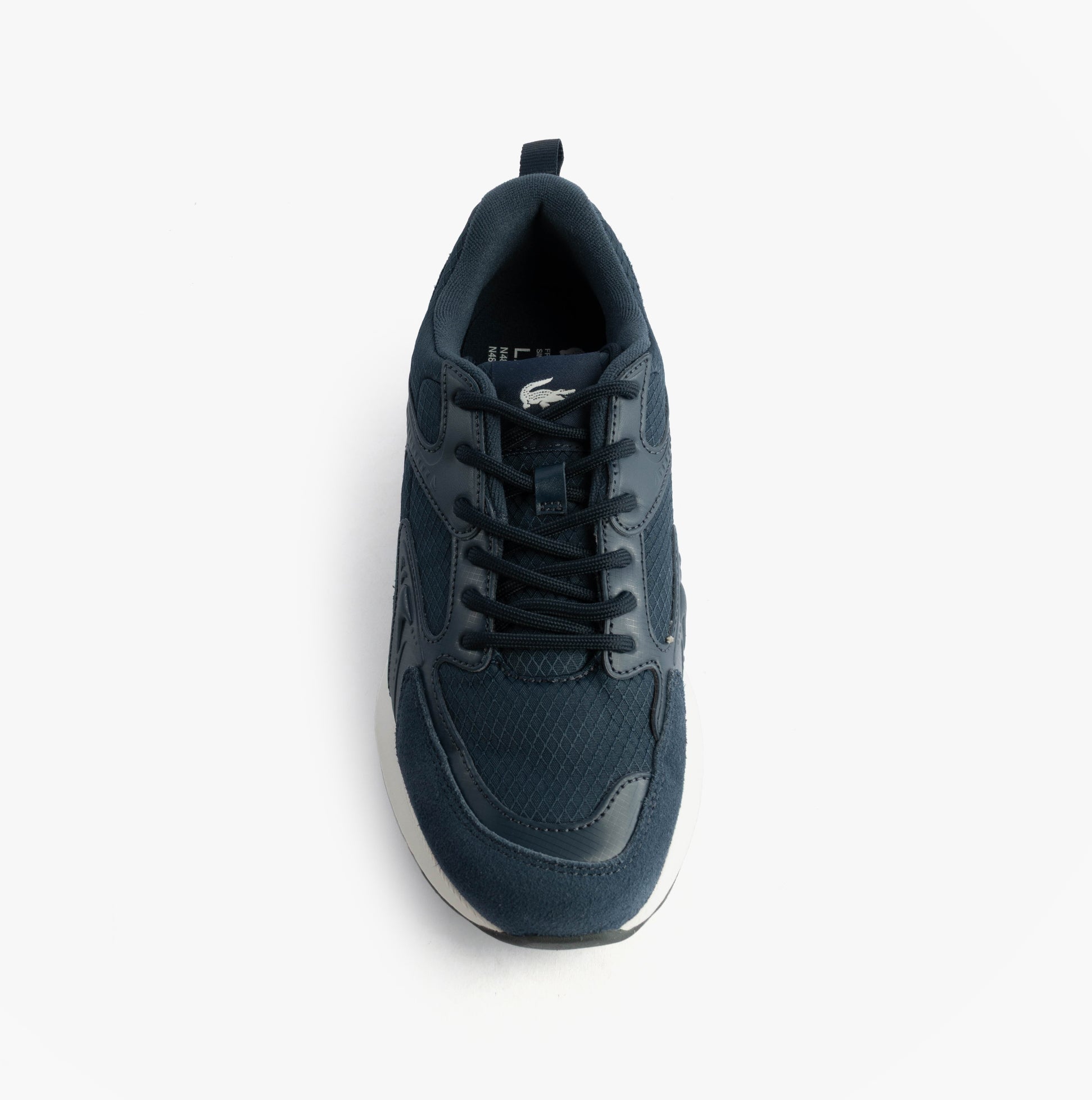 Lacoste L003 EVO Mens Performance Trainers Trainers Navy/White top view with lace-up fastening and breathable design.