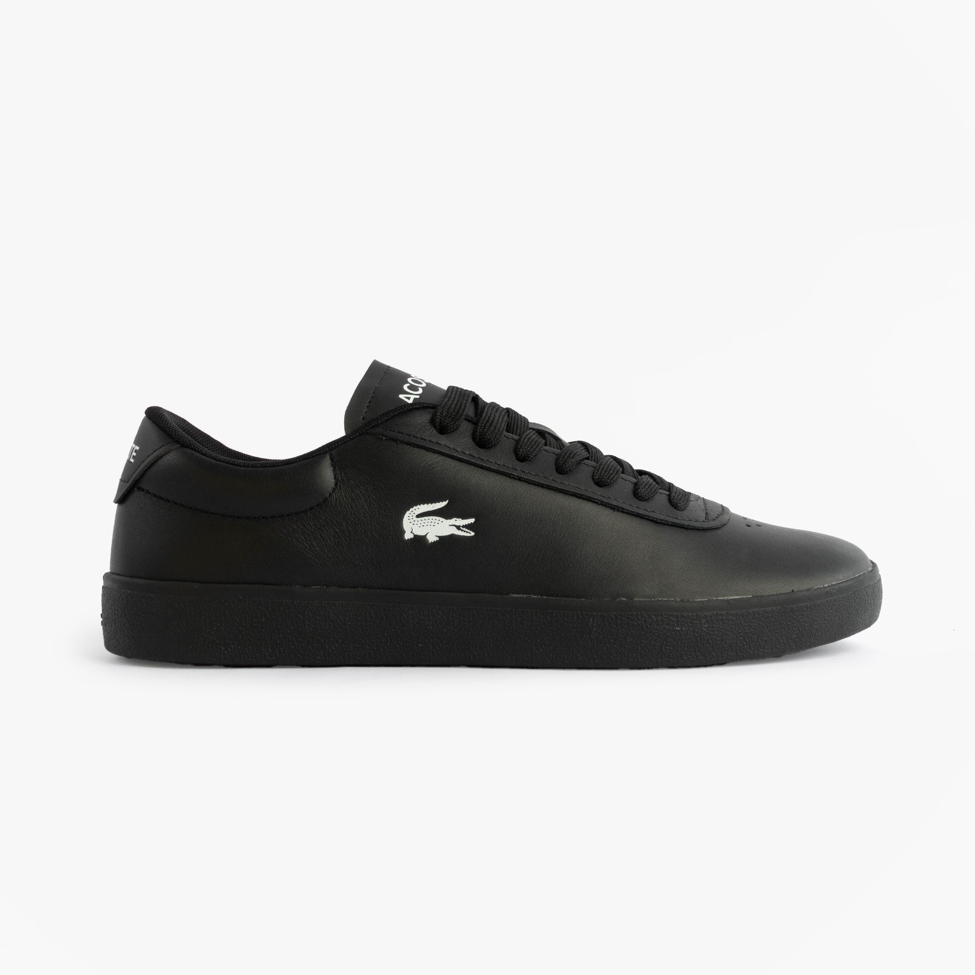 Lacoste BASESHOT EVO Mens Court Trainers Trainers Black side view showcasing leather upper and lace-up design.