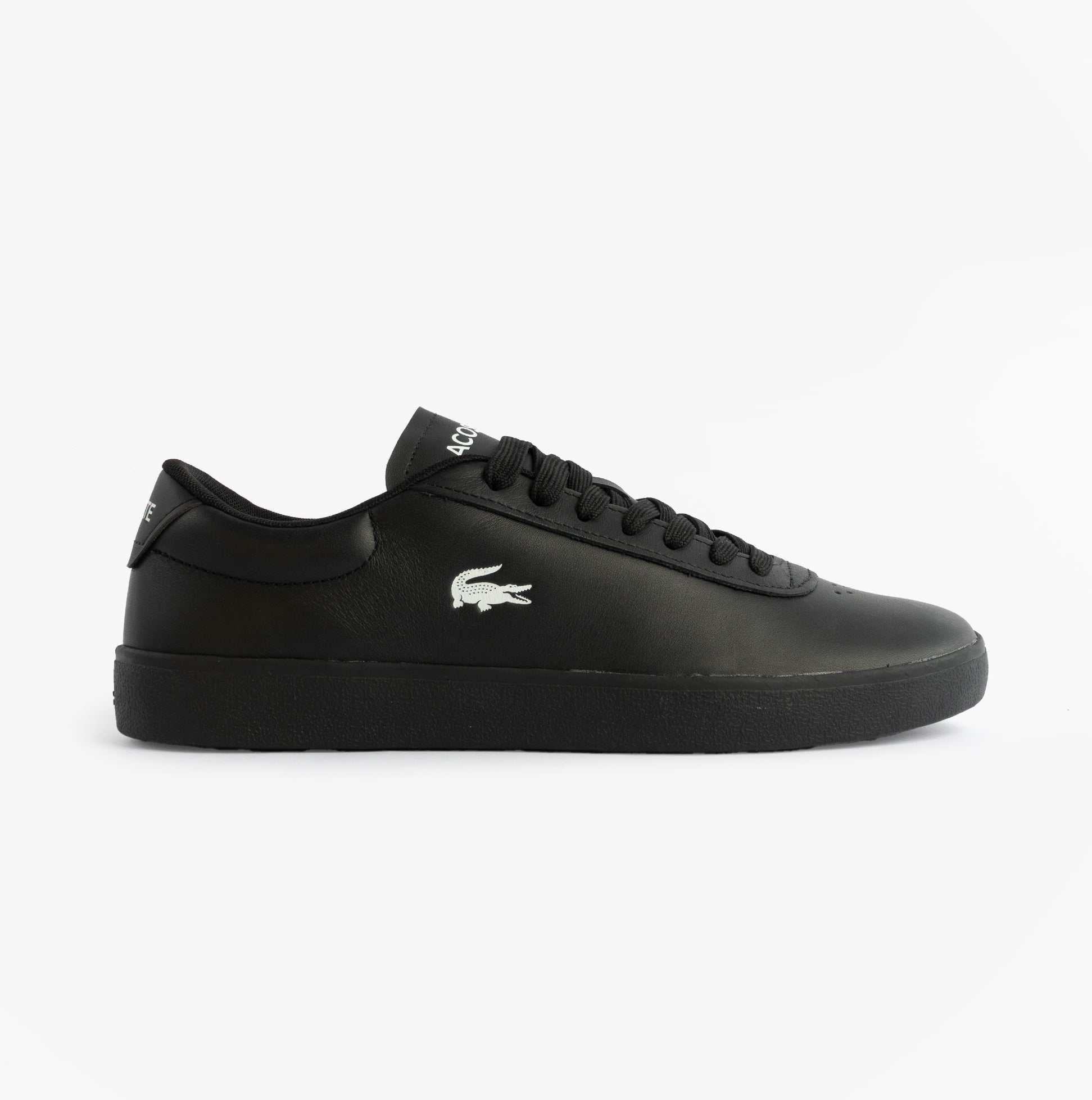 Lacoste BASESHOT EVO Mens Court Trainers Trainers Black side view showcasing leather upper and lace-up design.