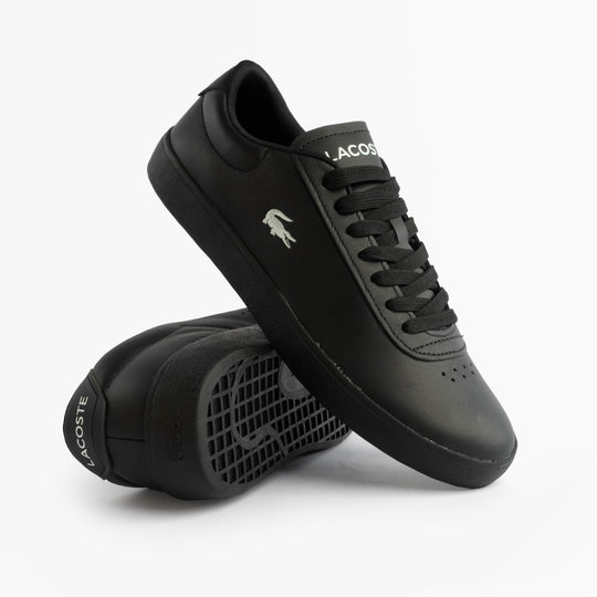 Lacoste BASESHOT EVO Mens Court Trainers Trainers Black side view, featuring leather upper and lace-up closure.
