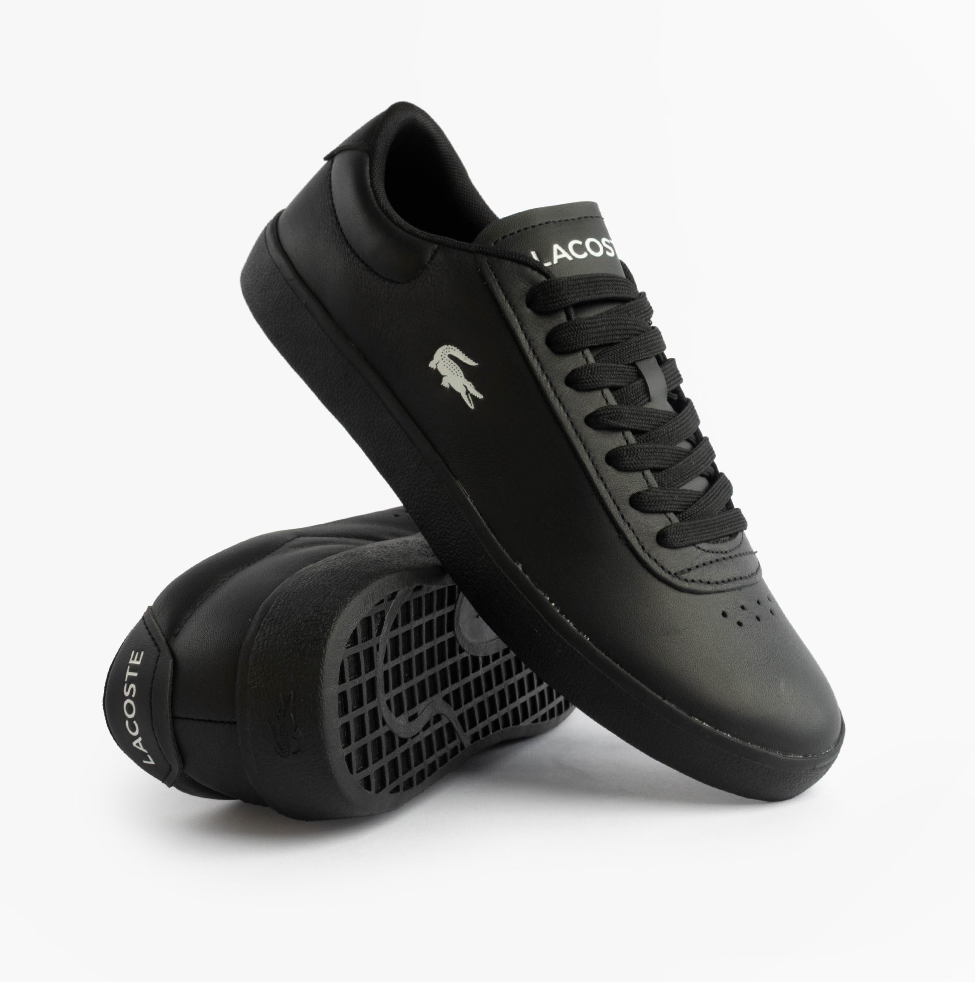 Lacoste BASESHOT EVO Mens Court Trainers Trainers Black side view, featuring leather upper and lace-up closure.