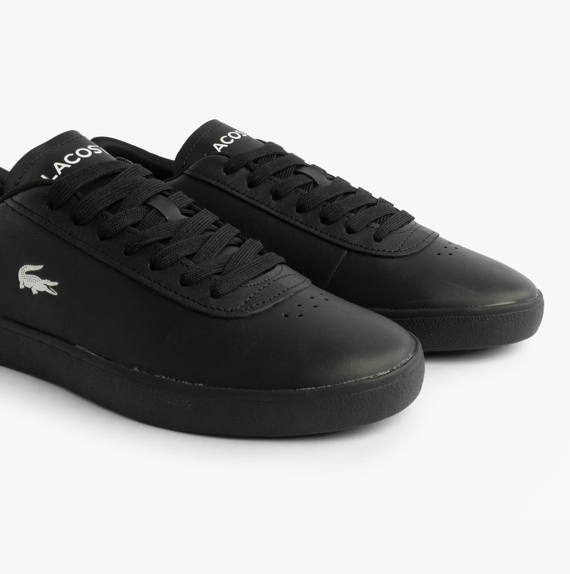 Lacoste BASESHOT EVO Mens Court Trainers Trainers Black side view showing black leather upper and lace-up design.