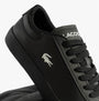 Lacoste BASESHOT EVO Mens Court Trainers Trainers Black detail view showcasing the shoe's leather upper and lace-up closure.