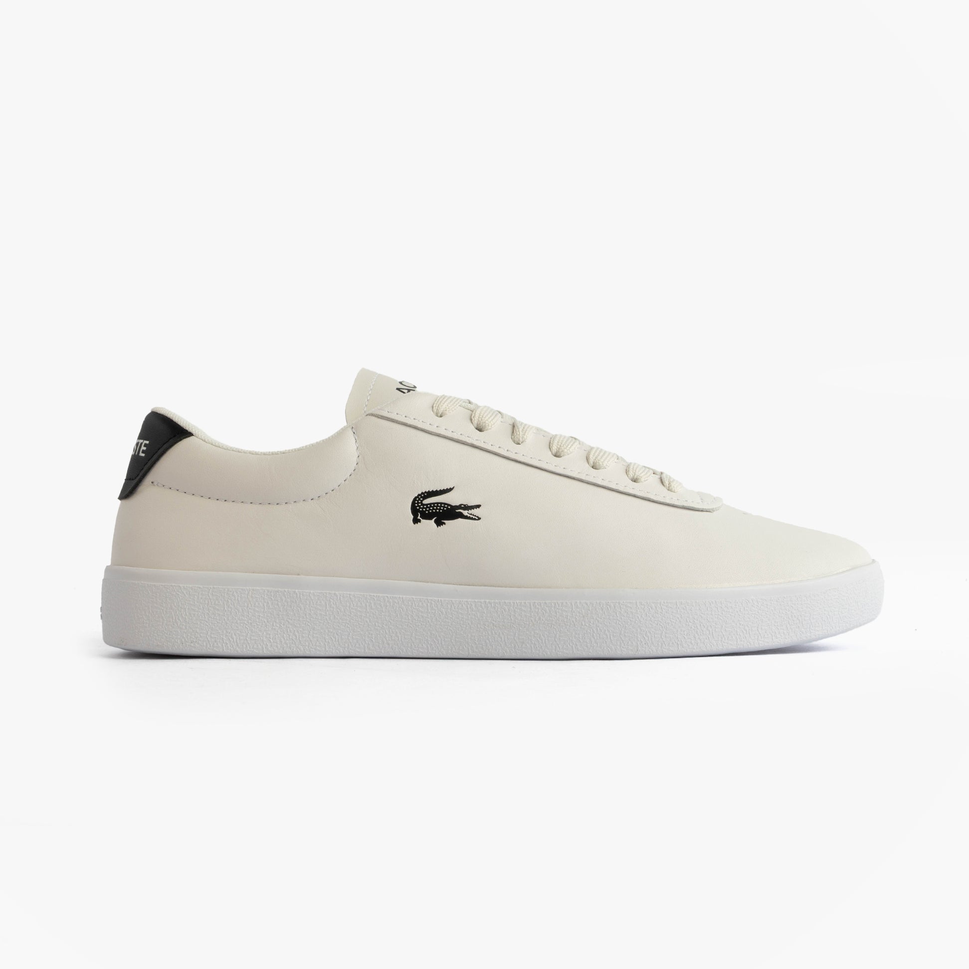 Lacoste BASESHOT EVO Mens Court Trainers Trainers White/Black side view showing smooth leather upper and round toe design.