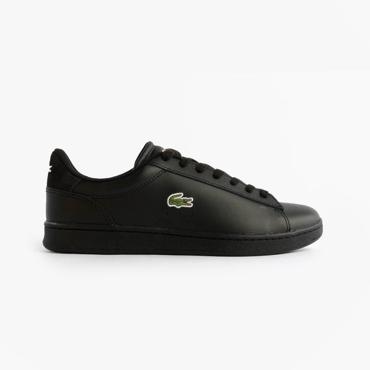 Lacoste CARNABY SET Mens Court Trainers Trainers Black side view with lace-up closure and iconic crocodile logo.