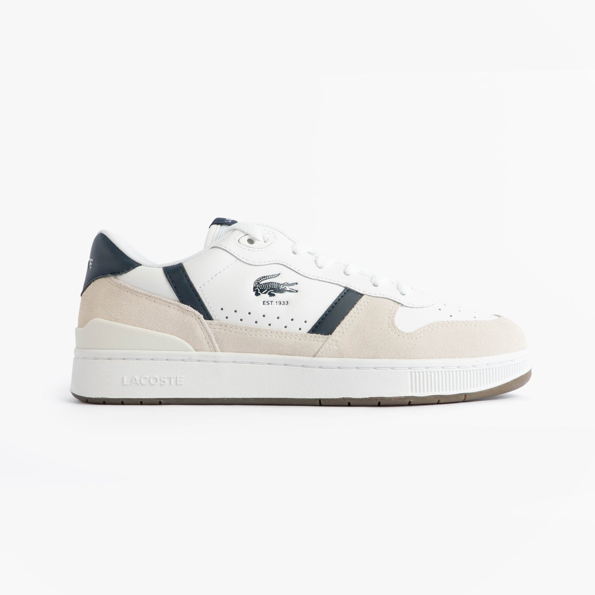 Lacoste T-CLIP SET Mens Court Trainers Trainers White/Navy side view showcasing leather and suede upper.