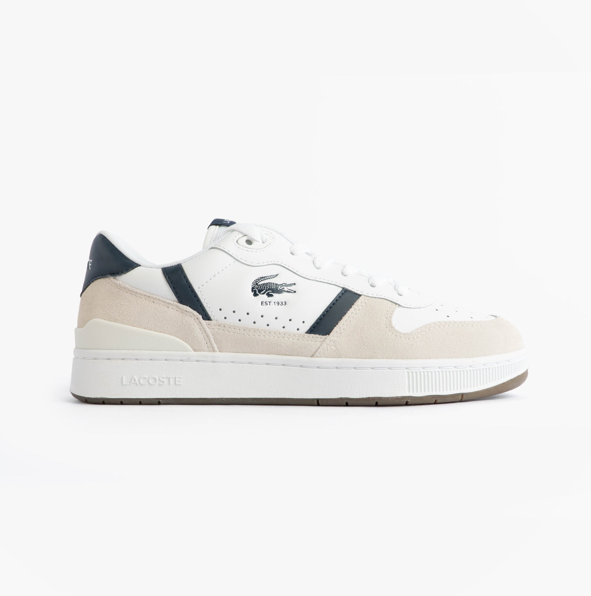Lacoste T-CLIP SET Mens Court Trainers Trainers White/Navy side view showcasing leather and suede upper.