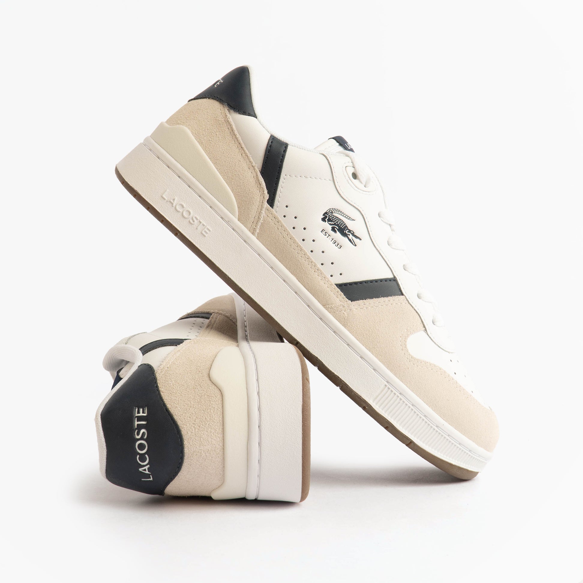 Lacoste T-CLIP SET Mens Court Trainers Trainers White/Navy side view with leather and suede upper