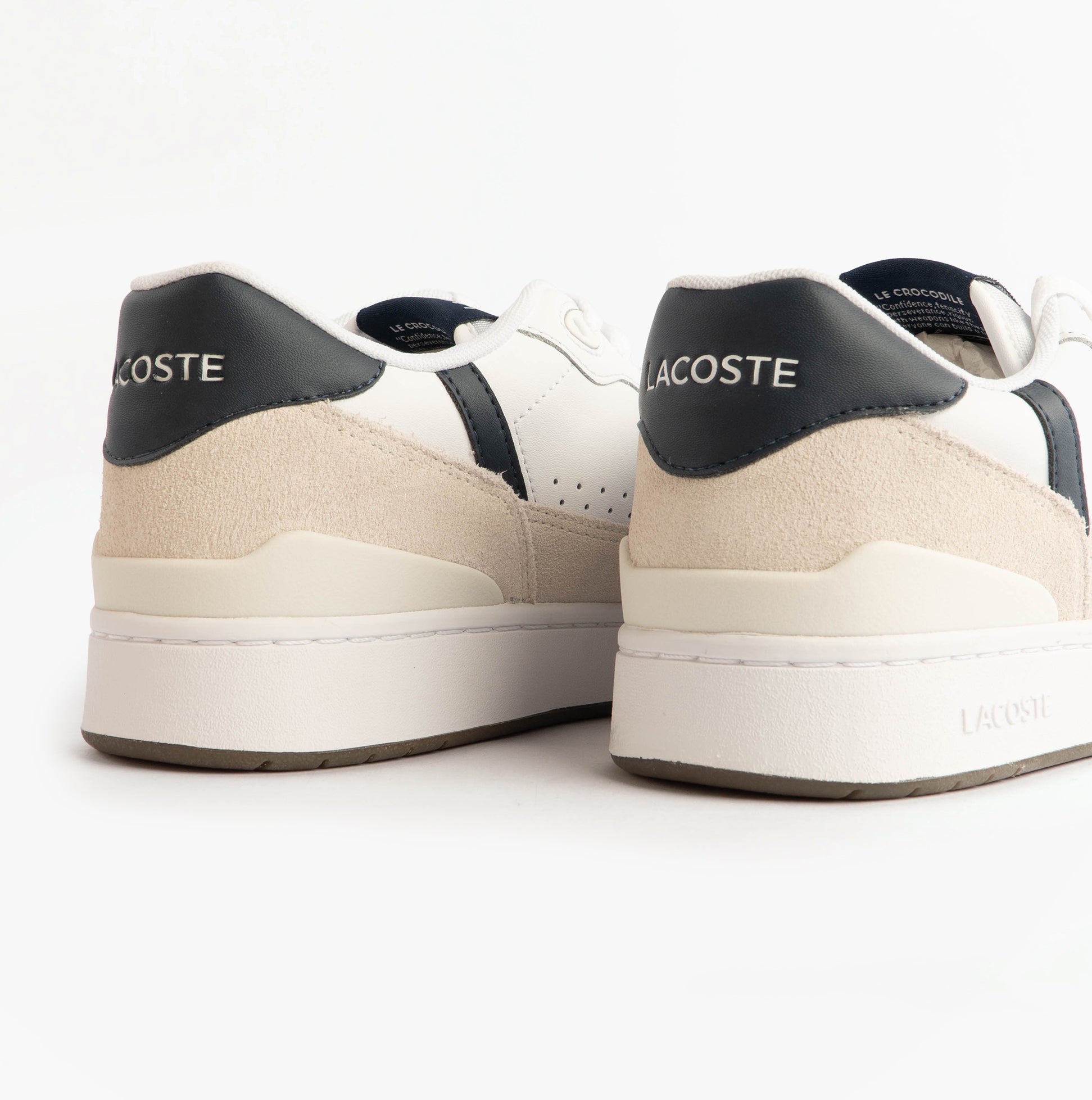 Lacoste T-CLIP SET Mens Court Trainers Trainers White/Navy rear view featuring leather and suede material