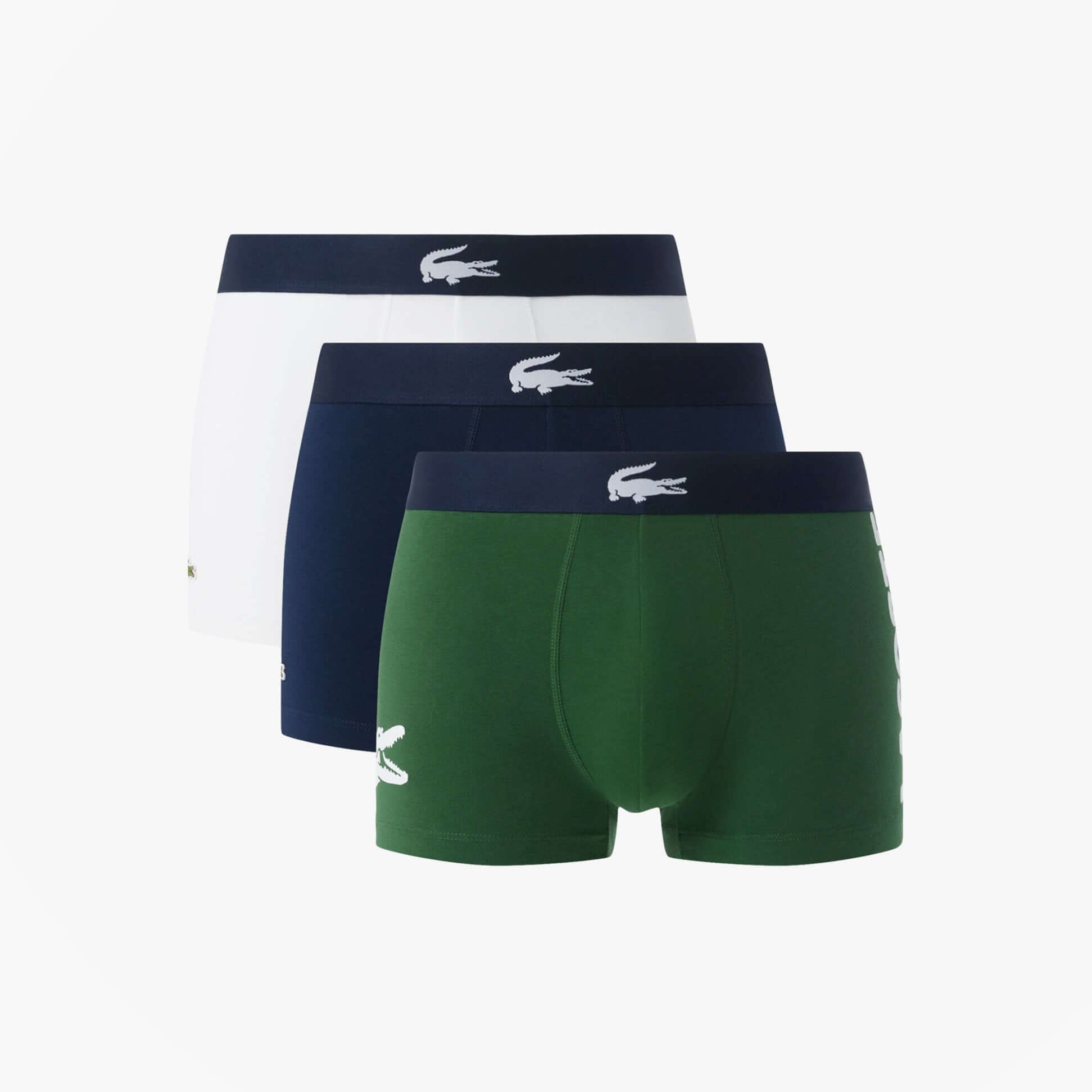 Lacoste 3 Pack Trunks Mens Trunks Thyme/Navy Blue/White front view of three pairs in thyme green, navy blue, and white.
